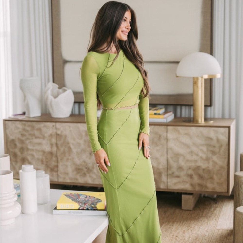 Green Long Sleeve Mesh Skirt Set
